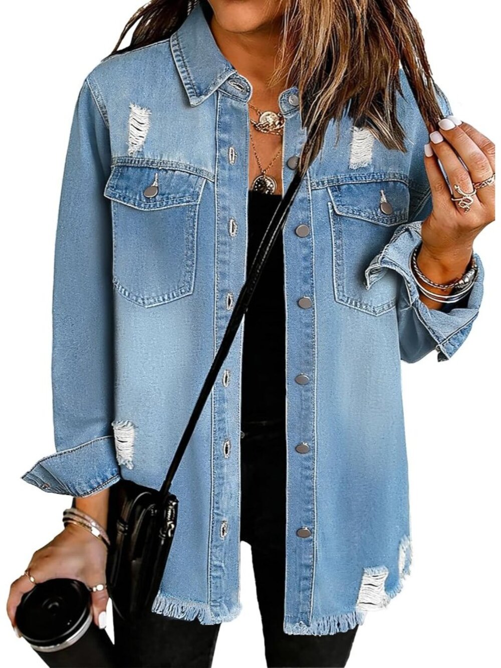 Women’s Sky Blue Button Down Oversized Distressed Denim Jean Jacket Shacket